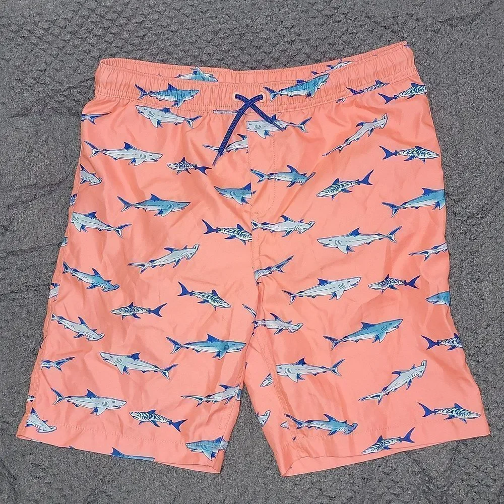 Lands End Boys Shark Printed Volley Swim Trunks Shorts Size L (14H-16H)